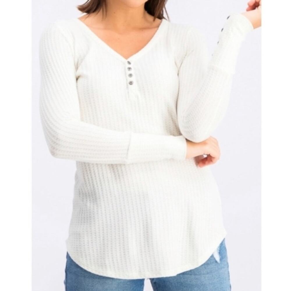 Chaser‎ Women's Size Medium White Waffle Knit Thermal Long Sleeve Top